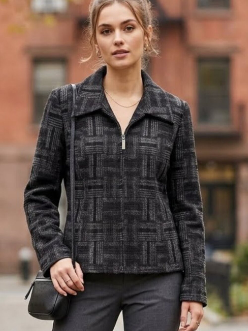 Chic Amanda Collection Charcoal/Black Basketweave Wing Collar Zip Jacket Small